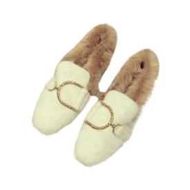 白色水钻方扣水貂毛平底豆豆鞋女冬加绒毛毛鞋女冬外穿2020年新款